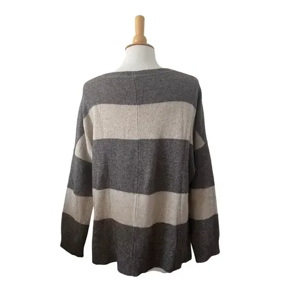 Vince Rugby Stripe Sweater Wool Yak Hair Blend Pullover Oversized Gray Cream M - Picture 4 of 6